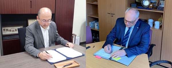 Collage: Prof. Dr. S. Yonekura, Dekan der landw. Fakultät Universität Shinshuû und Prof. Dr. Dr. h.c. B. Kaiser, Rektor Hochschule für Forstwirtschaft, unterzeichnen das Abkommen