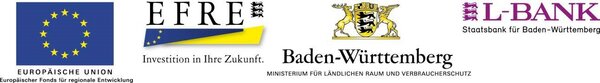 Logos der Projektträger: EU - Europäischer Fonds für regionale Entwicklung, EFRE - Investition in Ihre Zukunft, MLR Baden Württemberg, L-BANK - Staatsbank für Baden-Württemberg