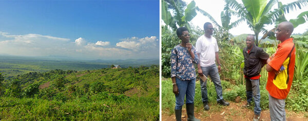 Landschaftsaufnahme in Burundi (links), Projektbesichtigung mit Prof. Dr. Bernadette Habonimana, Promotionsstudent Soter Ndihokubwayo, sowie zwei lokalen Führern (rechts)