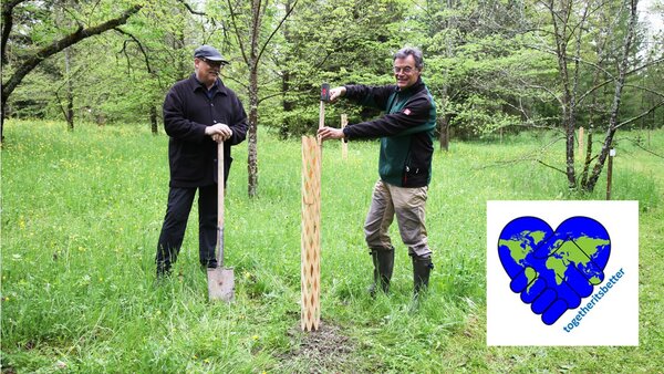 Prof. Stefan Ruge und Rektor Bastian Kaiser pflanzen zusammen einen Baum im Arboretum der Hochschule Rottenburg