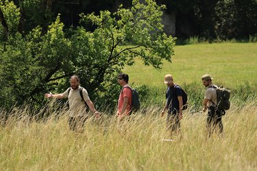 Studierende stehen auf einer Wiese und hören dem Referenten zu