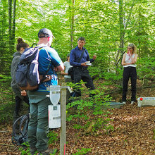 Prof. steht mit Studierenden im Wald und referiert