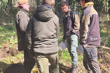 Studierende stehen in einer kleinen Gruppe zusammen im Wald und unterhalten sich.