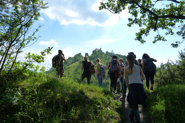Studierende wandern auf einem schmalen und steilen Weg zur Wurmlinger Kapelle