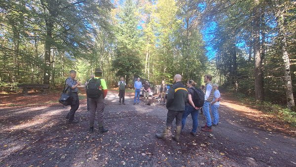 Studierende und Dozenten stehen zusammen auf einem Waldweg und unterhalten sich