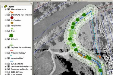 Screenshot GIS-Software. Es wird eine Gewässergütekarte angezeigt.