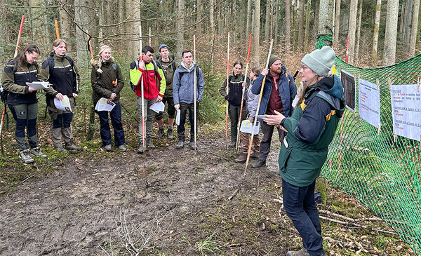 Studierende stehen mit Fluchtstäben in der Hand auf einem Waldweg und höhren der Referentin zu