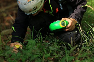 Ein Teilnehmer schaut sich den Waldböden auf der Suche nach Tieren mit dem Lupenbecher an