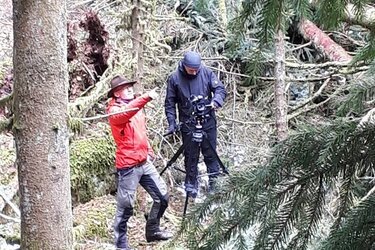Kameramann und Referent stehen im Wald. Der Referent zeigt in die Baumkronen
