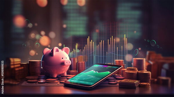Grafik: Sparschwein, gestapelte Geldmünzen und ein Smartphone mit Börsenkurse