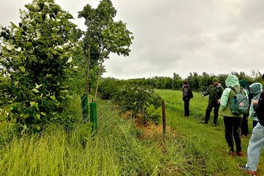 Studierende stehen auf einer landwirtschaftlichen Fläche und hören dem Dozenten zu