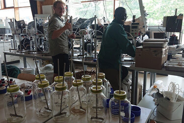 Gut gelaunt bei der Arbeit an den Biogas-Testständen im Zentrallabor