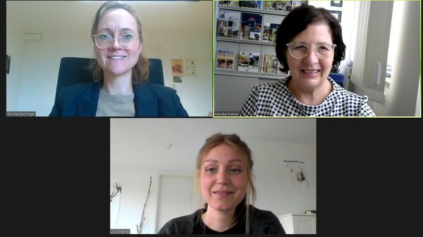Screenshot des Online Kick-Off Gespräch für das Projekt „Instaland“ mit Monika Bachinger, Julia Haelke und Monika Krämer