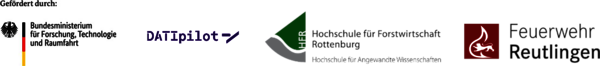 Logos: Bundesministerium für Forschung, Technologie und Raumfahrt; DATIpilot, Hochschule Rottenburg, Feuerwehr Reutlingen