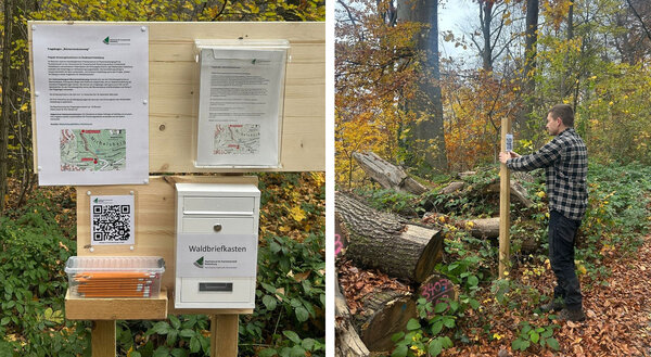 Untersuchungsstation mit Briefkasten, Bleistiften und Fragebögen an der Bismarcksäule, Installation eines QR-Codes