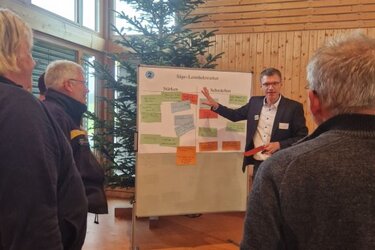 Prof. Burian referiert vor einer Pinnwand