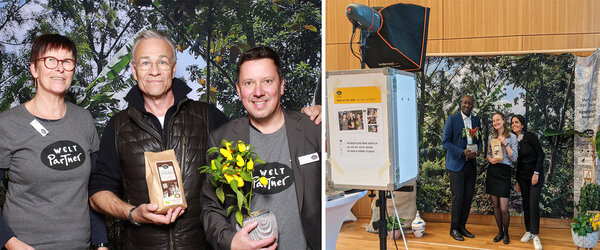 Margret Halder und Thomas Hoyer (WeltPartner eG) mit Schauspieler Klaus J. Behrendt (links) und die Burundi Fotokampagne auf der BW-Burundi Konferenz (rechts). V.l.n.r. Astère Hatungimana (Burundische Diaspora in Deutschland e.V.), Anna Leicht und Nadine Elghonimy (SEZ)