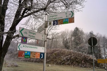 Wegkreuzung mit vielen Fahrradwegeschildern