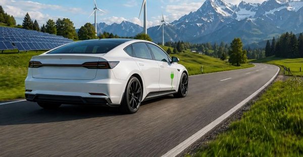 Elektrisches Auto fährt an einem Solarpark vorbei