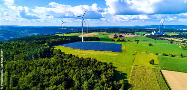 Blick in eine grüne Landschaft mit Windrädern und Solaranlagen