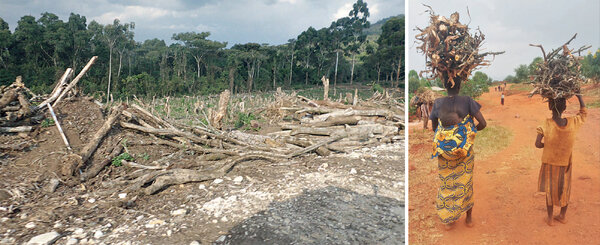 Blick auf eine Abholzung in Burundi und eine Frau und ein Kind transportieren Zweige auf dem Kopf