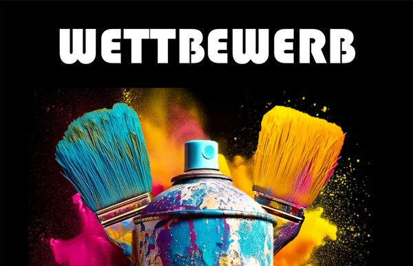 Farbpinsel und Spraydose. Text mit Wettbewerb