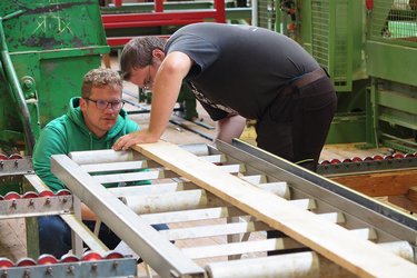Studierende im Sägewerk