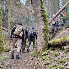 Studierende wandern auf einem schmalen Wanderweg durch den Wald