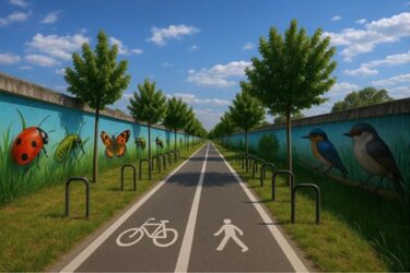 Simulation der neu gestalteten Zufahrt zum See mit Fahrradabstellmöglichkeiten 