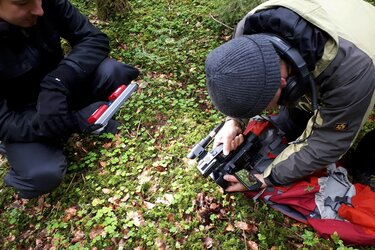 Kameramann kniet auf dem Waldboden und macht Makro-Aufnahmen.