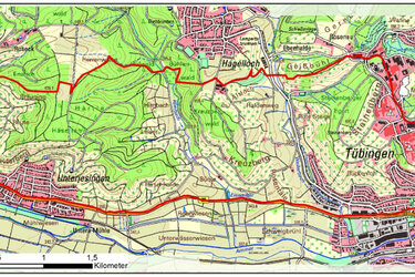 Karte auf dem das Untersuchungsgebiet zwischen Tübingen und Unterjesingen eingezeichnet ist