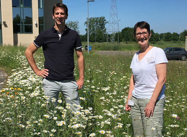 Marleen Schepers und Tony Remans stehen in einer großen Blumenwiese vor dem Campus der Hogeschool PXL