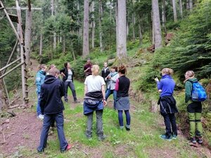 Studierende lauschen der Referentin im Wald