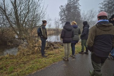 Studierende stehen an einem Fluss undunterhalten sich zum Thema Bibermanagement
