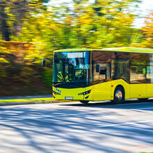 Ein gelber Bus fährt auf einer Landstraße