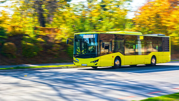 Ein gelber Bus fährt auf einer Landstraße