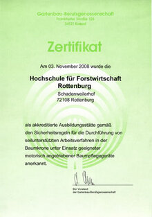 Zertifikat Ausbildungsstelle Seilklettertechnik Hochschule für Forstwirtschaft Rottenburg