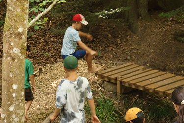 Kinder laufen über eine Brücke im Wald