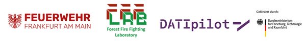 Logos: Feuerwehr Frankfurt am Main, Forest Fire Fighting Laboratory, DATIpilot, Gefördert durch Bundesministerium für Forschung, Technologie und Raumfahrt