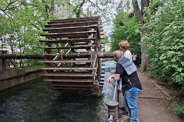 Studierende blicken auf ein historisches Wasserrad in Augsburg