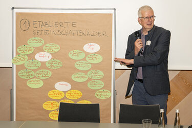 Christoph Schurr (HFR) stellt die Ergebnisse der Gesprächsrunde über etablierte Gemeinschaftswälder vor – viele Fragen, gute Anregungen, viel Arbeit wartet!