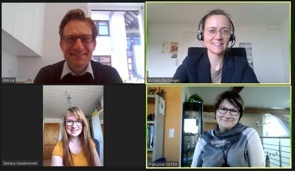 Screenshot des Online Kick-Off Gespräch im Projekt „Digihike“ mit Patrick Schreib, Monika Bachinger (oben, v.l.), Tamara Glasbrenner und Françoise Geyer vom Zweckverband „Im Tal der Murg“