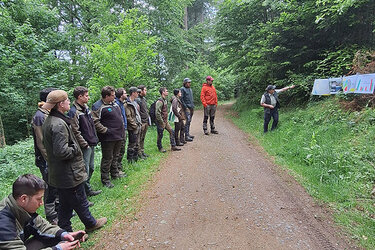 Studierende stehen und sitzen an einem breiten Waldweg und hören dem Referenten zu.