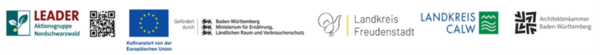 Logos: LEADER; Kofinanziert von der Europäischen Union; Gefördert durch - Baden-Württemberg Ministerium für Ernährung, Ländlichen Raum und Verbraucherschutz; Landkreis Freudenstadt; Landkreis Calw; Architektenkammer Baden-Württemberg