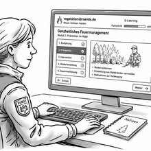 Illustration einer Försterin an einem PC sitzend