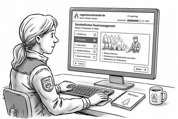 Illustration einer Försterin an einem PC sitzend