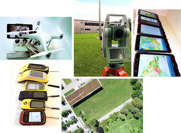 Fotocollage: Drohne, Totalstation (Tachymeter), Tablets mit GIS-Software, GPS-Geräte, Luftbild der Drohne