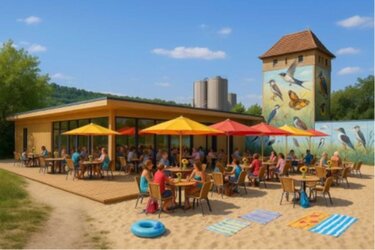 I Simulation eines Strandbades mit Café am gleichen Standort an der nördlichen Seeseite