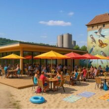 I Simulation eines Strandbades mit Café am gleichen Standort an der nördlichen Seeseite