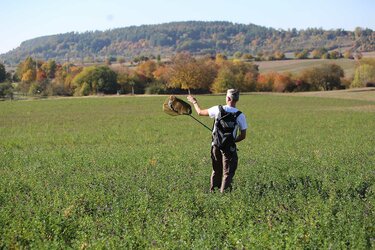 Person mit einem Insekten-Fangnetz auf einer Wiese